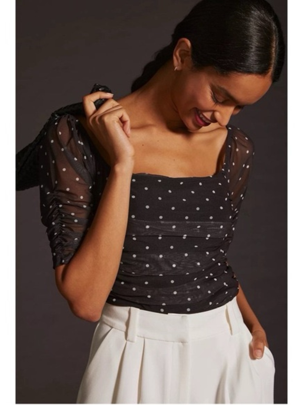 Anthropologie Black Sheer Polka Dot Square-Neck Blouse